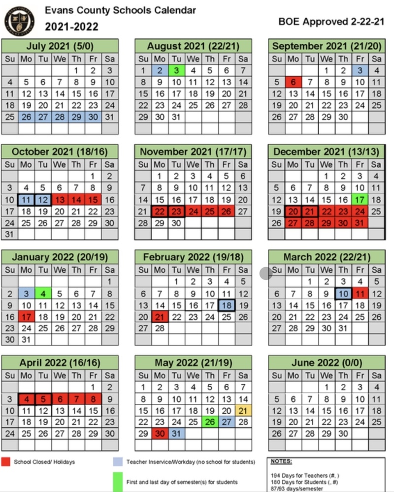 District 93 Calendar 2022 2021-2022 School Calendar | Evans County Charter School System