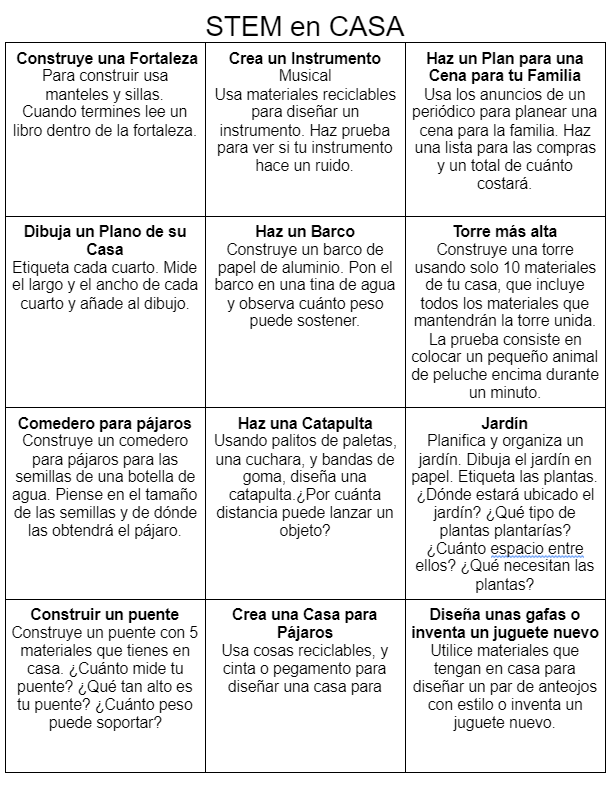 Picture of home STEM challenges in Spanish