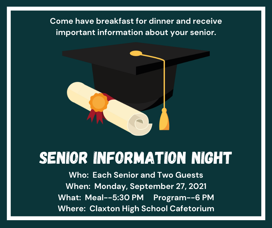 Slide with information about Senior Information Night